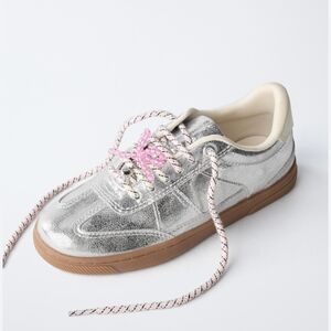 Zara Kids Shiny Silver Sneakers with Pink Accents